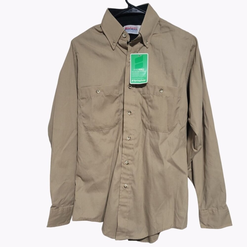 Work America Uniform Shirt Mens Small Beige Button Front Long Sleeve New